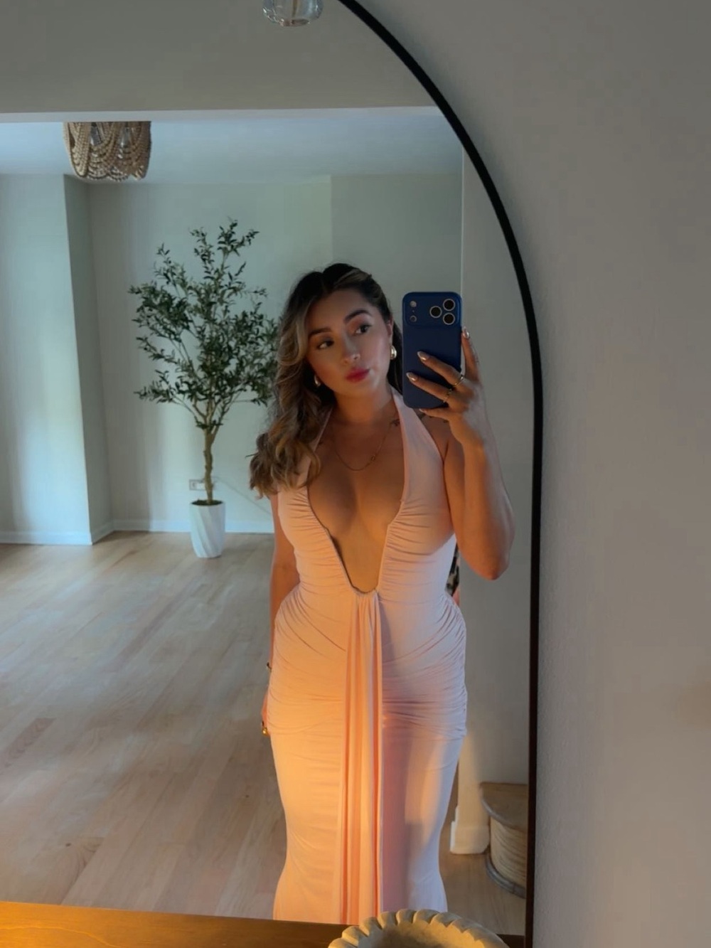 Deep V Halter Maxi Dress in Light Pink